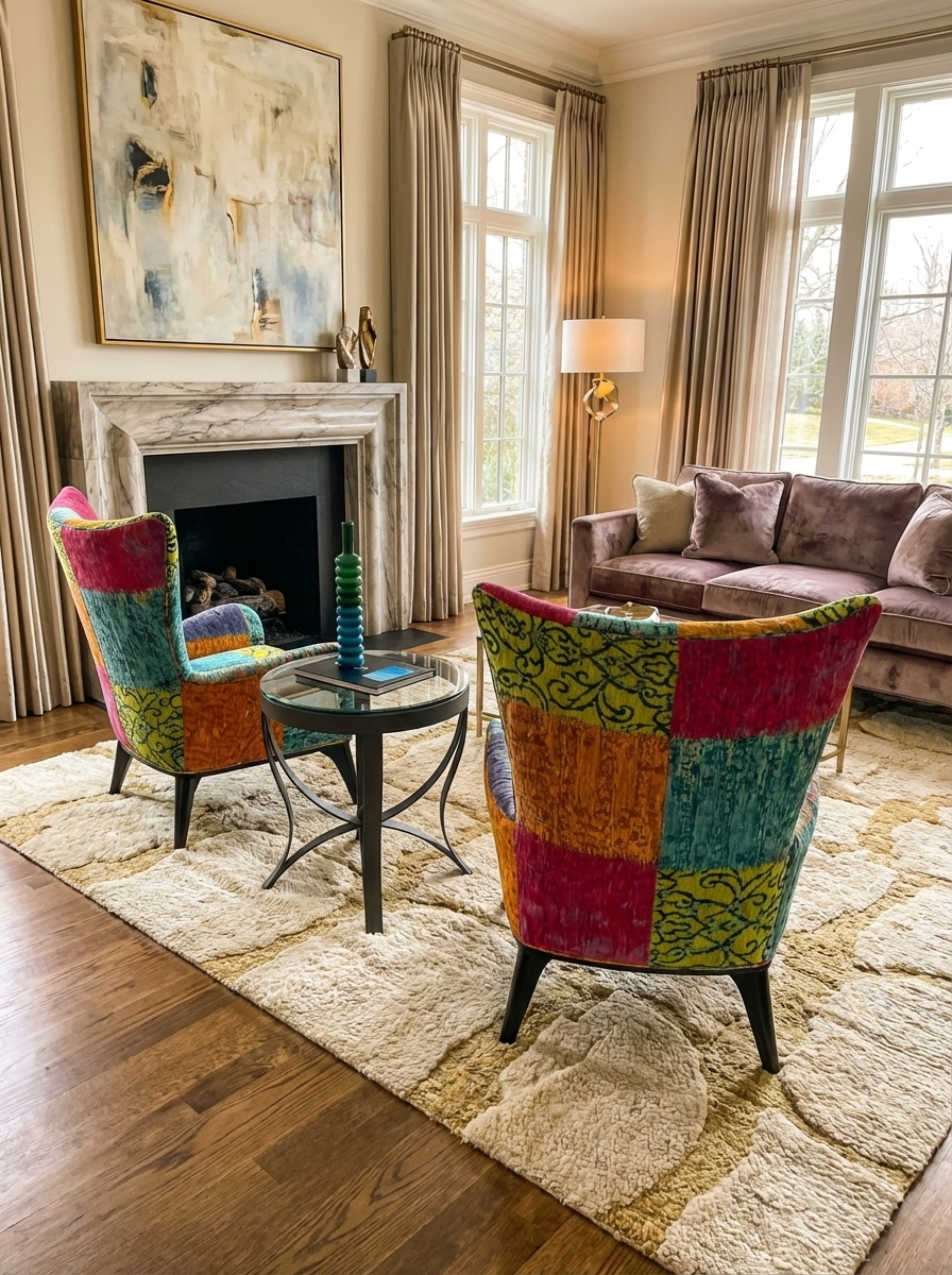 New Introductions - Colorful patchwork chairs in elegant living room